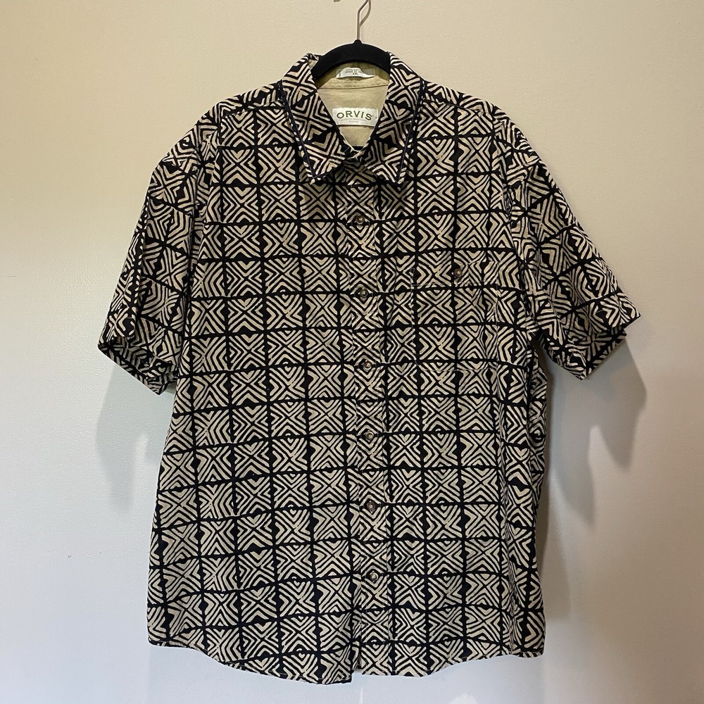 Orvis Button Up‎ Short Sleeve Shirt. Men's XXL. Black Tan Geometric EUC